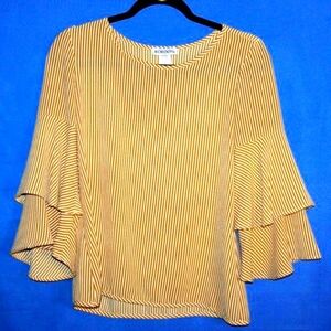 KOKOON Striped Bell Sleeve Blouse - Women's Size S - Tan & White - Ruffle Sleeve